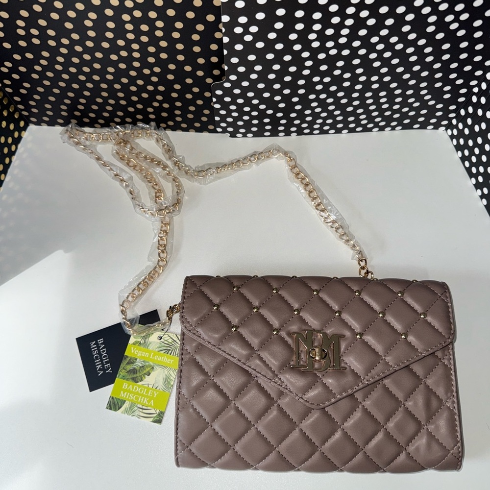 Badgley Mischka Quilted Studded Crossbody Bag in Taupe
